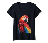 Femme Illustration d'oiseau Tropical Ara écarlate coloré T-Shirt avec Col en V