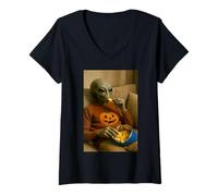 Femme Illustration drôle d'alien sur Le canapé de Pomme de Terre UFO Art Snack Lover T-Shirt avec Col en V