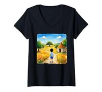 Femme Illustration du Livre d'histoires d'aventure de Campagne d'enfance T-Shirt avec Col en V