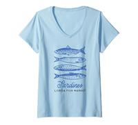 Femme Illustration du marché aux Poissons Vintage aux Sardines de Lisbonne, Portugal T-Shirt avec Col en V