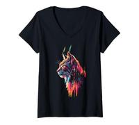 Femme Illustration du Motif Lynx, Amoureux des Animaux, Cool Forest T-Shirt avec Col en V