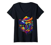 Femme Illustration du sanctuaire Japonais Fuji de Torii Gate T-Shirt avec Col en V