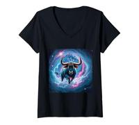 Femme Illustration du Zodiaque Galaxy Taureau - Puissance du Taureau céleste T-Shirt avec Col en V