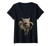 Femme Illustration d'un Animal Sauvage Fierce Leaping Lynx Bobcat T-Shirt avec Col en V