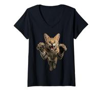 Femme Illustration d'un Chat Sauvage Serval Africain en Train de bondir T-Shirt avec Col en V