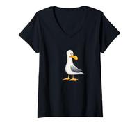 Femme Illustration d'un drôle de Dessin de Mouette Mignon Oiseau T-Shirt avec Col en V