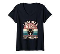 Femme Illustration « I Play Like A Girl Try to Keep Up Baseball » T-Shirt avec Col en V