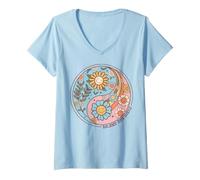Femme Illustration Joyeuse de Fleurs pour Un Équilibre de Vie T-Shirt avec Col en V