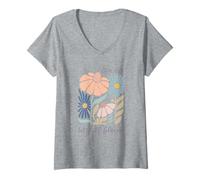 Femme Illustration « Live Life in Full Bloom Flowers » T-Shirt avec Col en V