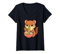 Femme Illustration Mignonne de Loutre Mangeant des Ramen Kawaii T-Shirt avec Col en V