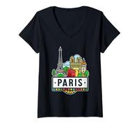 Femme Illustration monument de Paris avec tour Eiffel T-Shirt avec Col en V