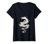 Femme Illustration Mythique du Dragon et de la Fleur de Lotus T-Shirt avec Col en V