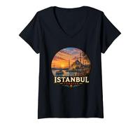 Femme Illustration panoramique du Bosphore d'Istanbul Coucher de Soleil T-Shirt avec Col en V
