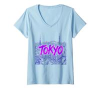 Femme Illustration Paysage Urbain de Tokyo avec Texte Peint en Gras T-Shirt avec Col en V