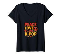 Femme Illustration Peace Love et K-Pop, pop coréenne T-Shirt avec Col en V