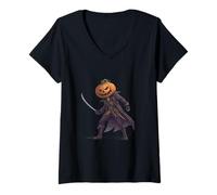 Femme Illustration Pirate tête Citrouille avec épée et Manteau T-Shirt avec Col en V