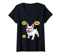 Femme Illustration Pop Art BD Bouledogue Français Blanc T-Shirt avec Col en V