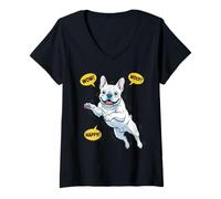 Femme Illustration Pop Art BD Bouledogue Français Blanc T-Shirt avec Col en V