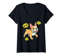Femme Illustration Pop Art BD Bouledogue français crème T-Shirt avec Col en V