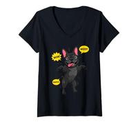 Femme Illustration Pop Art BD Bouledogue Français Noir T-Shirt avec Col en V