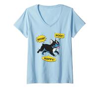 Femme Illustration Pop Art BD Bouledogue Français Noir T-Shirt avec Col en V