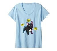 Femme Illustration Pop Art BD Bouledogue Français Noir T-Shirt avec Col en V