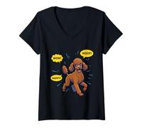 Femme Illustration Pop Art BD Caniche Marron Chocolat T-Shirt avec Col en V
