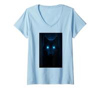 Femme Illustration Portrait de Loup Mystique aux Yeux Bleus T-Shirt avec Col en V