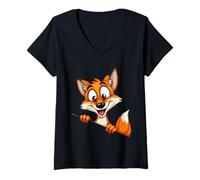 Femme Illustration Renard Cartoon Personnage Curieux T-Shirt avec Col en V