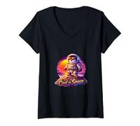 Femme Illustration rétro Astronaute Pingouin Cosmique Aventure T-Shirt avec Col en V
