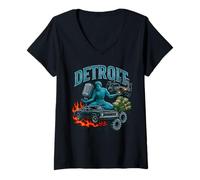 Femme Illustration rétro de Style Bootleg de Detroit Muscle Car City T-Shirt avec Col en V