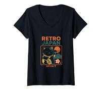 Femme Illustration rétro du Japon Porte-Bonheur de l'esprit de Chat T-Shirt avec Col en V