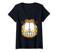 Femme Illustration rétro en Pixels de Garfield, Ambiance de Style Comique, Chat effronté T-Shirt avec Col en V