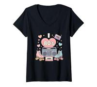 Femme Illustration rétro « I Love the 80's Old School » T-Shirt avec Col en V
