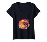 Femme Illustration rétro Rhino Coucher de Soleil Plage Tropicale T-Shirt avec Col en V