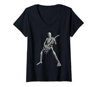Femme Illustration Squelette Guitariste | Rock Music Skull Art T-Shirt avec Col en V