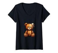 Femme Illustration Vintage d'ours en Peluche Cousu T-Shirt avec Col en V