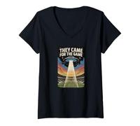 Femme Ils sont Venus pour Le Jeu UFO Football Alien Invasion Stadium T-Shirt avec Col en V
