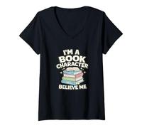 Femme I'm a Book Character Believe Me Book Lover Humour Book Nerd T-Shirt avec Col en V