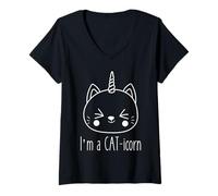 Femme I'm a Cat-Icorn Adorable Chat Licorne Kawaii T-Shirt avec Col en V