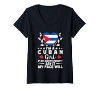 Femme I'm a Cuban Girl Cuban Face Cuba Flag T-Shirt avec Col en V