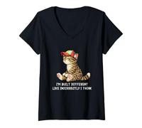 Femme I'm Built Different Funny Tabby Cat Wearing Cap Meme Humor T-Shirt avec Col en V