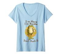 Femme I'm Here I'm Awake Morning Mood Grumpy Frog Meme Coffee T-Shirt avec Col en V