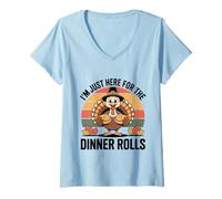 Femme I'm Just Here for The Dinner Rolls Retro Turkey Thanksgiving T-Shirt avec Col en V