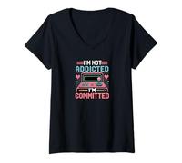 Femme I'm Not Addicted I'm Committed Retro Gamer Arcade Pixel T-Shirt avec Col en V