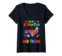Femme I'm Ready to Crush 2nd Grade Unicorn Dabbing Monster Truck T-Shirt avec Col en V