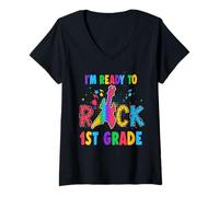 Femme I'm Ready to Rock 1st Grade Guitar Back to School T-Shirt avec Col en V