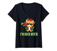 Femme I'm rich bitch cat cap money lunettes de soleil cool T-Shirt avec Col en V