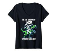 Femme I'm The Legendary Ash Astronaute drôle sur Dessin animé Dinosaure T-Shirt avec Col en V