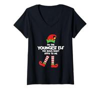 Femme I'm The Youngest Elf Rules Don't Apply to Me Fête de Noël T-Shirt avec Col en V